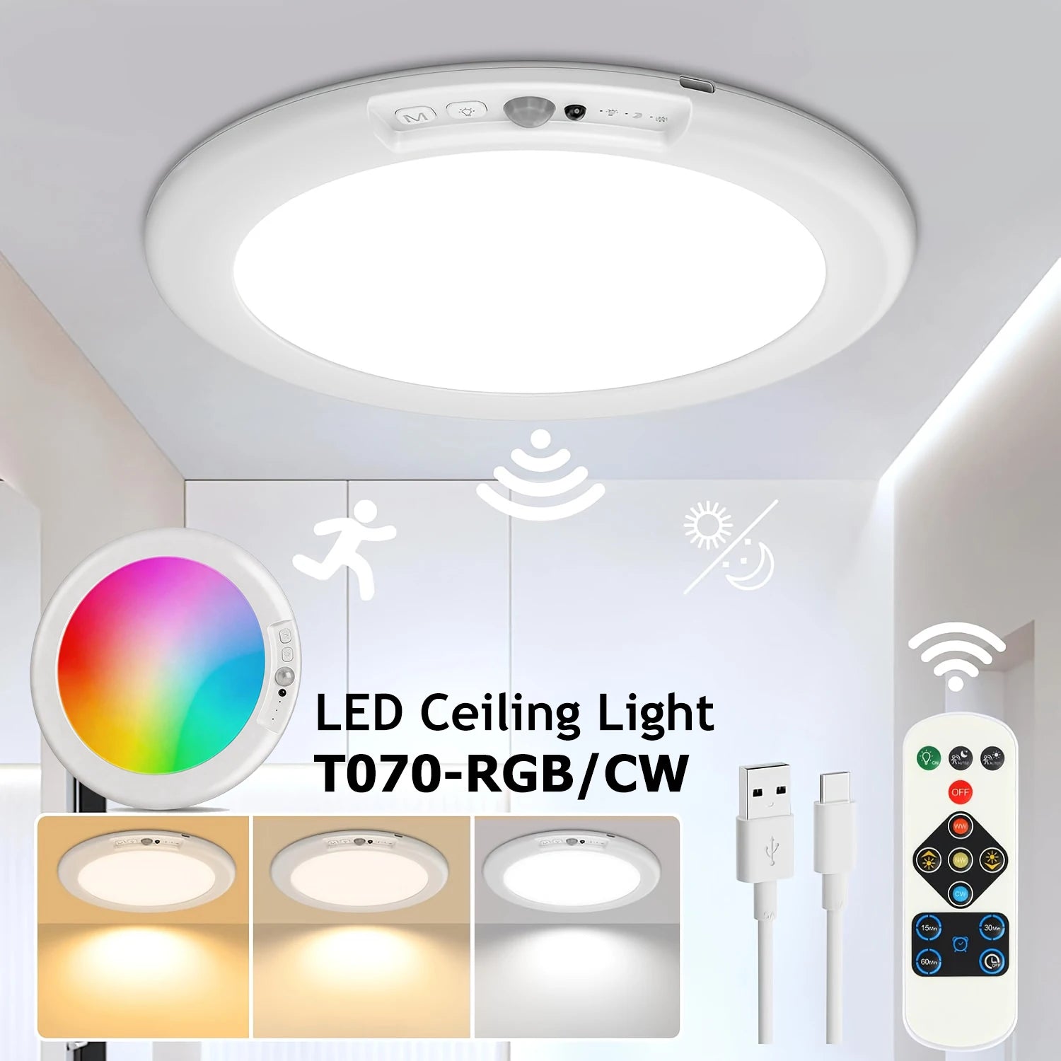 Aurelia Magnetic Rechargeable RGB Ceiling Light – USB-C Remote – product view