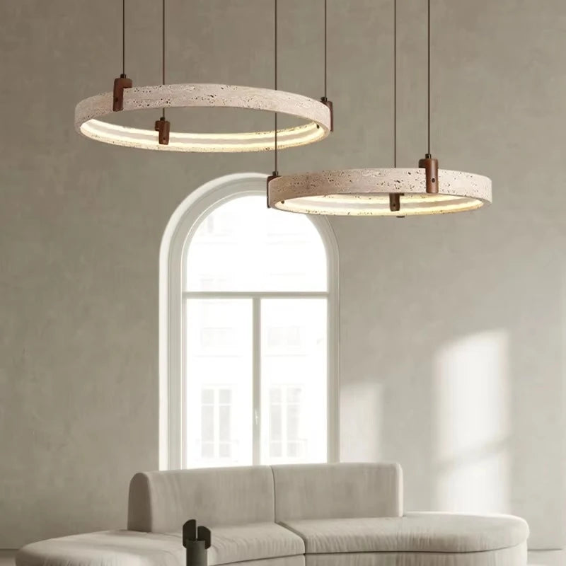 Travertine Round Pendant Light – Wabi-Sabi Minimalist LED for Living Room | Maris Arc by Evenlyr