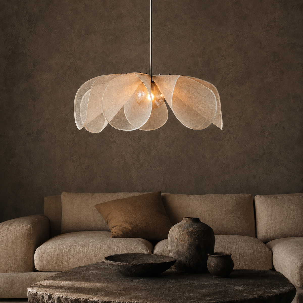 Amaris Arc Wabi-Sabi Fabric Pendant Light in a brighter premium lifestyle interior