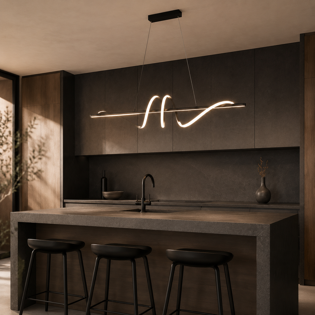Ayla Orbit Dimmable Linear Kitchen Island Pendant Light in an additional premium lifestyle setting