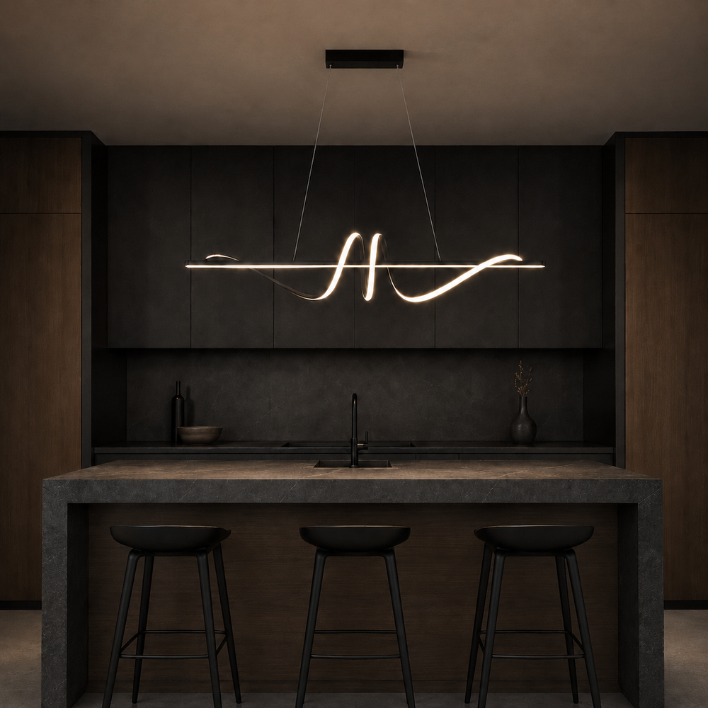 Ayla Orbit Dimmable Linear Kitchen Island Pendant Light in a brighter premium lifestyle interior