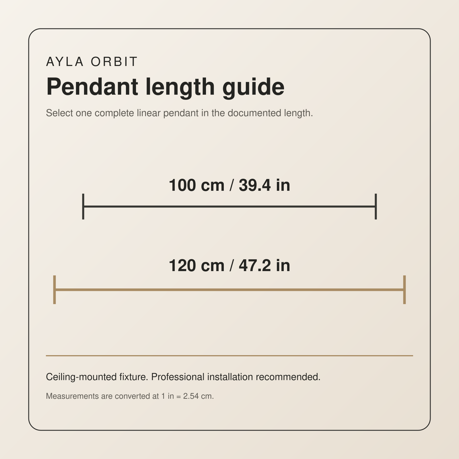 Ayla Orbit pendant length guide: 100 and 120 cm