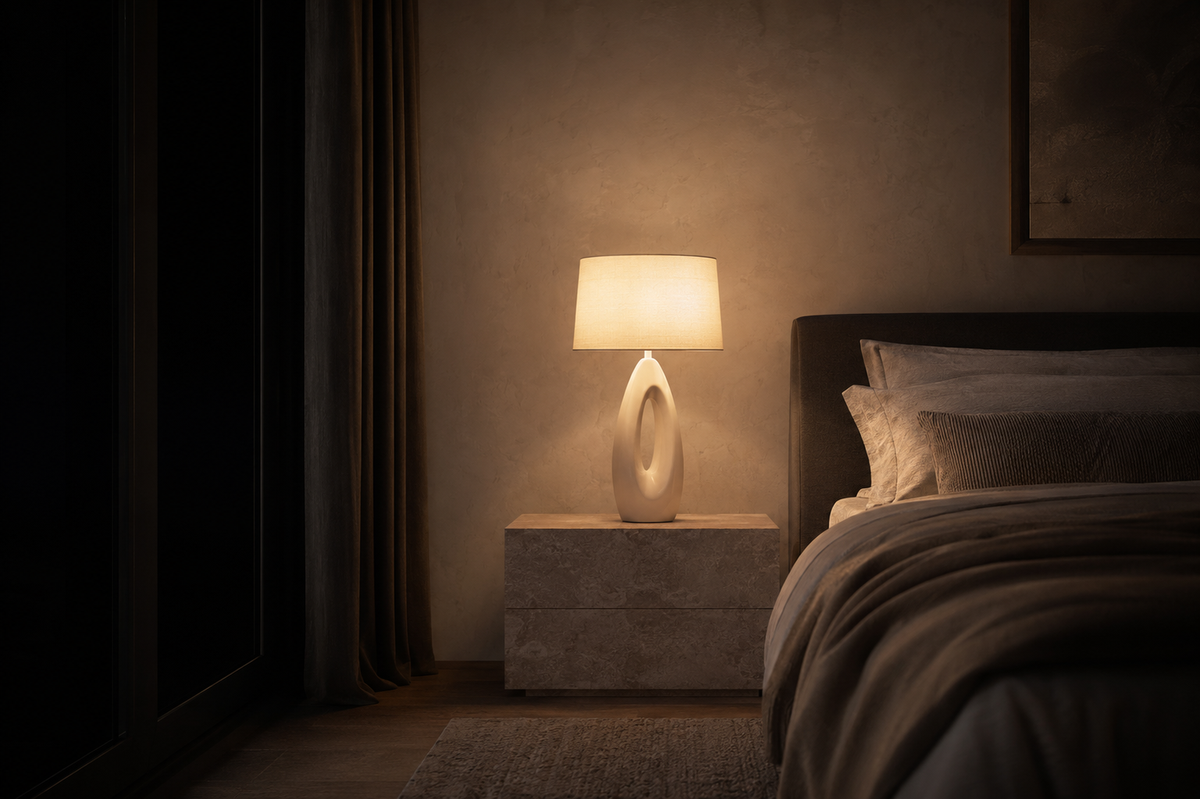 Sculptural bedside table lamp illuminating a dark luxury bedroom
