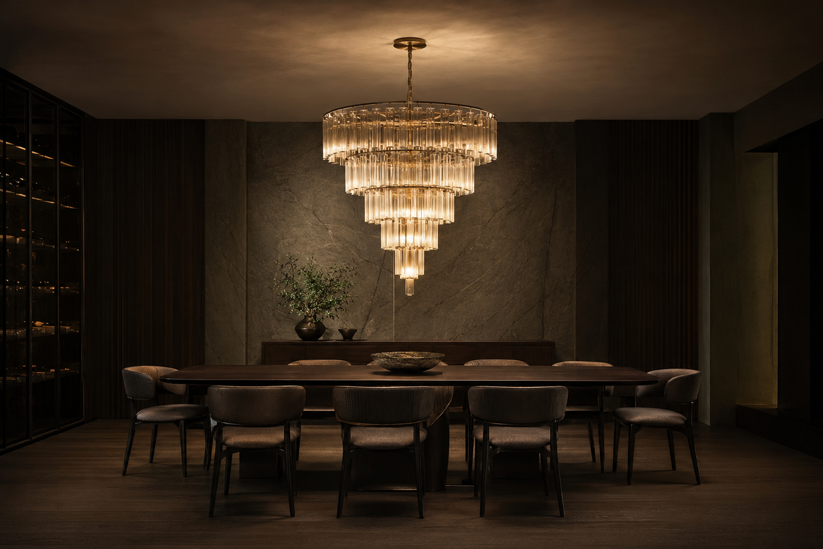 Statement chandelier illuminating a refined dark dining room
