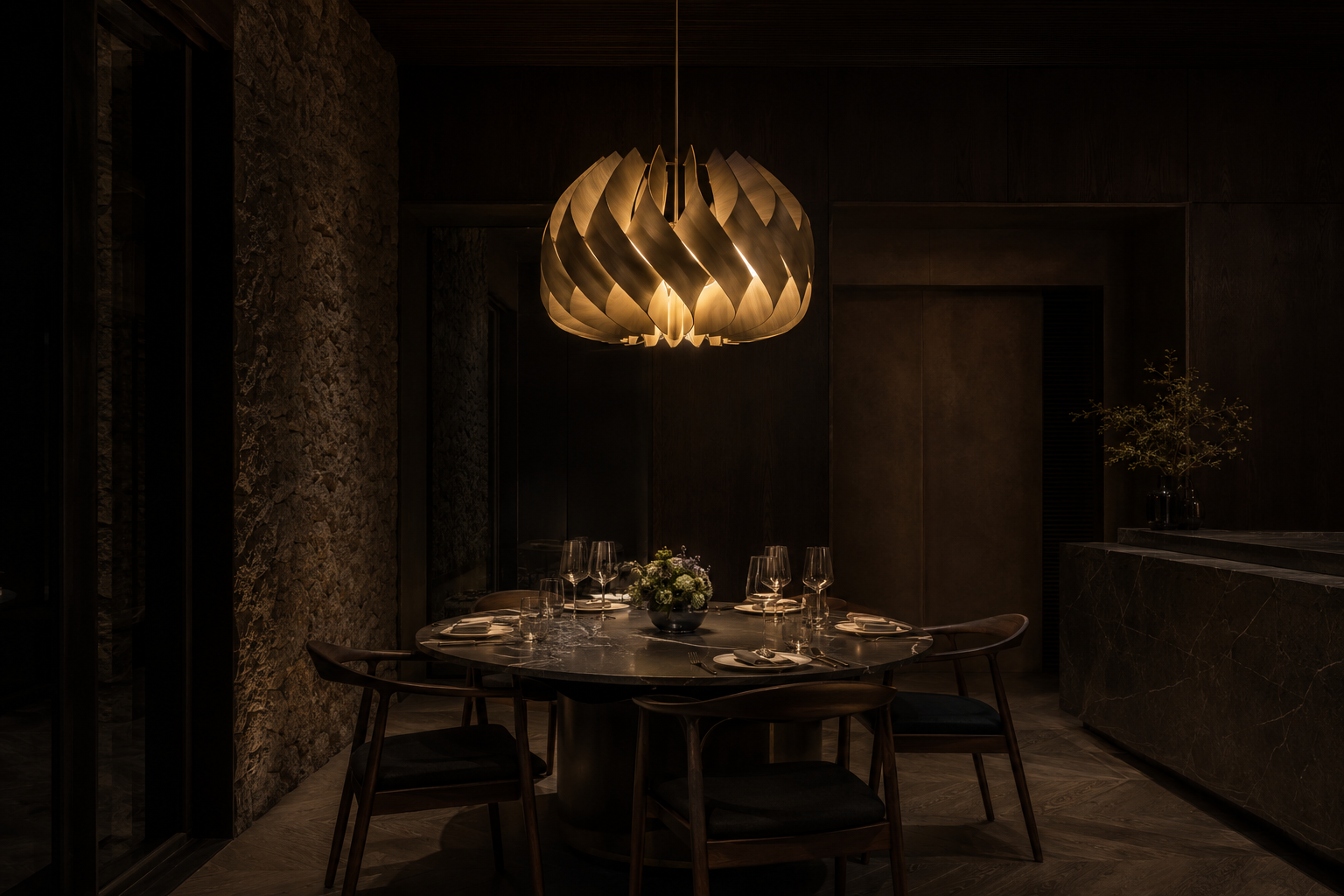 Sculptural hospitality pendant lighting a luxury restaurant table