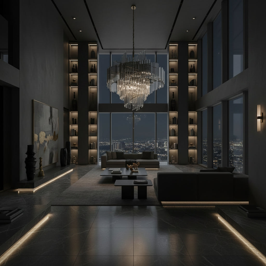 Modern dark living room overlooking a city skyline with ambient architectural lighting