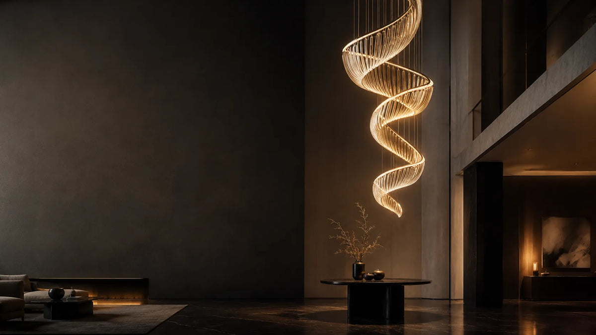 Sculptural chandelier in a dark double-height luxury interior