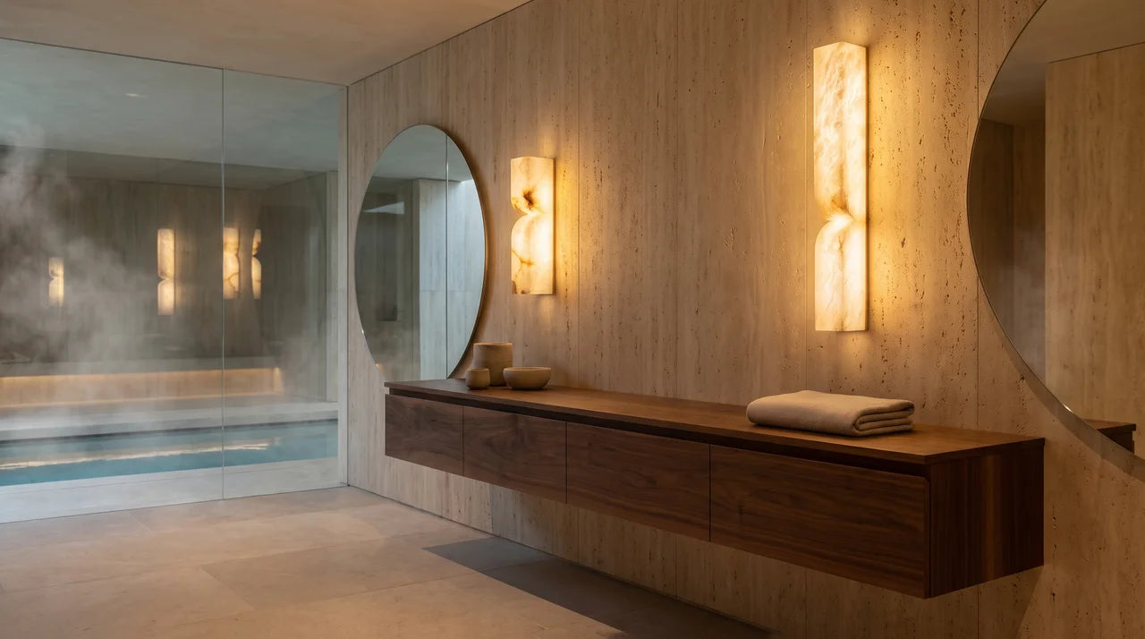 Linea Column Marble Wall Sconce – Minimalist styled in a bedroom interior