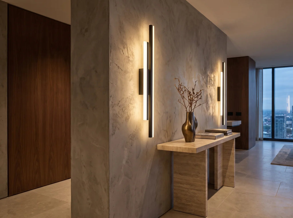 Noor Line Copper Wall Sconce – Dimmable styled in a living room interior