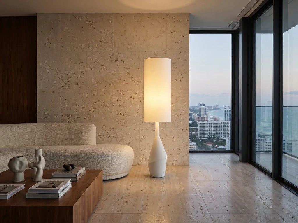 Nero Prism Fabric Floor Lamp – Wabi-Sabi styled in a living room interior