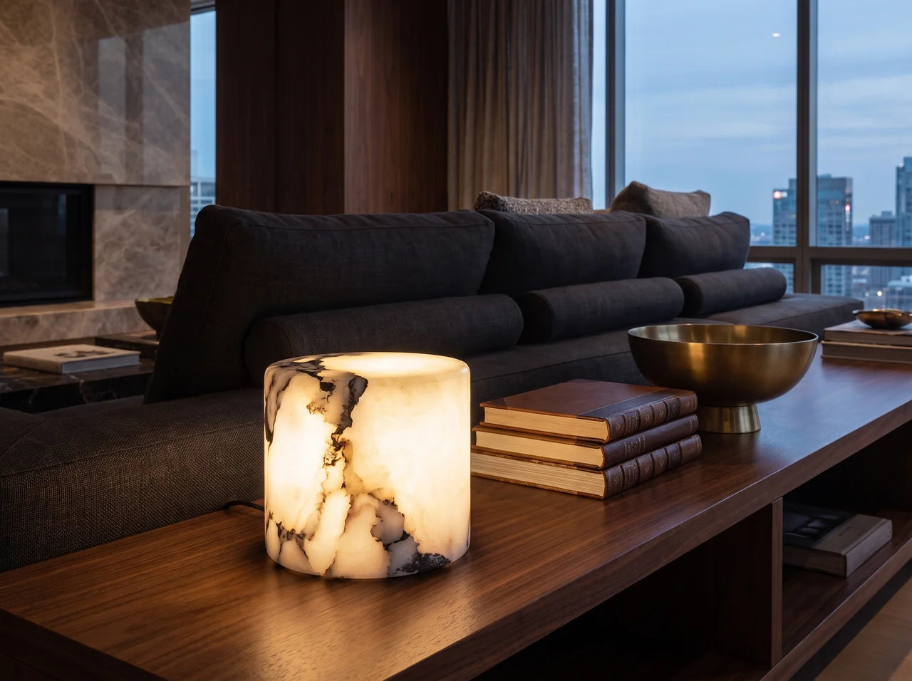 Alba Trace Faux Stone Table Lamp – Touch Control styled in a living room interior