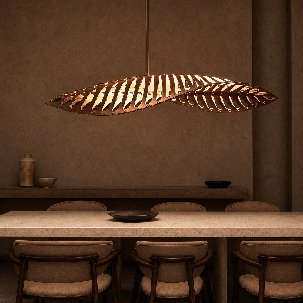 Junia Arc Large Wood Linear Pendant Light in a brighter premium lifestyle interior