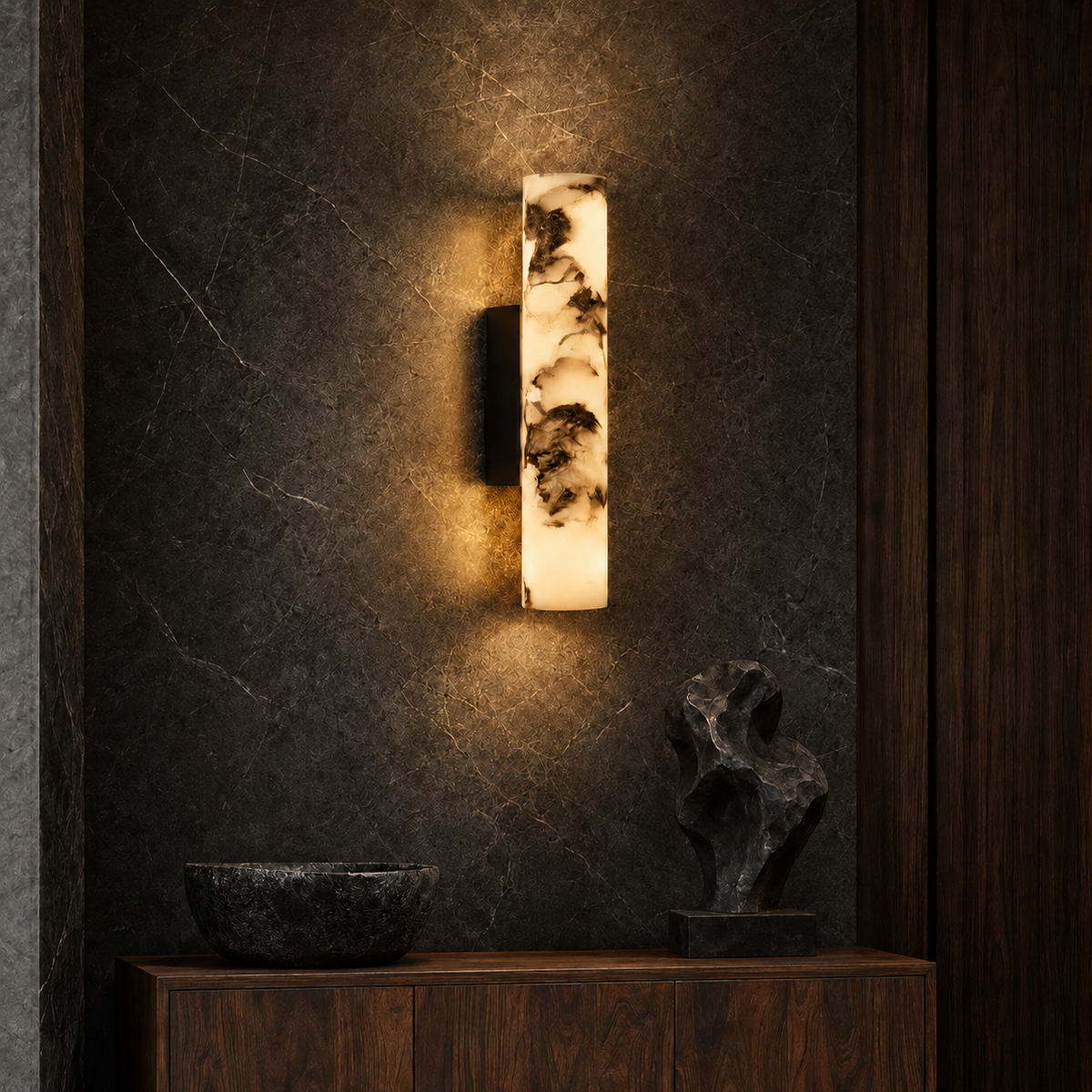 Oria Reed Architectural Marble Wall Sconce in a brighter premium lifestyle interior
