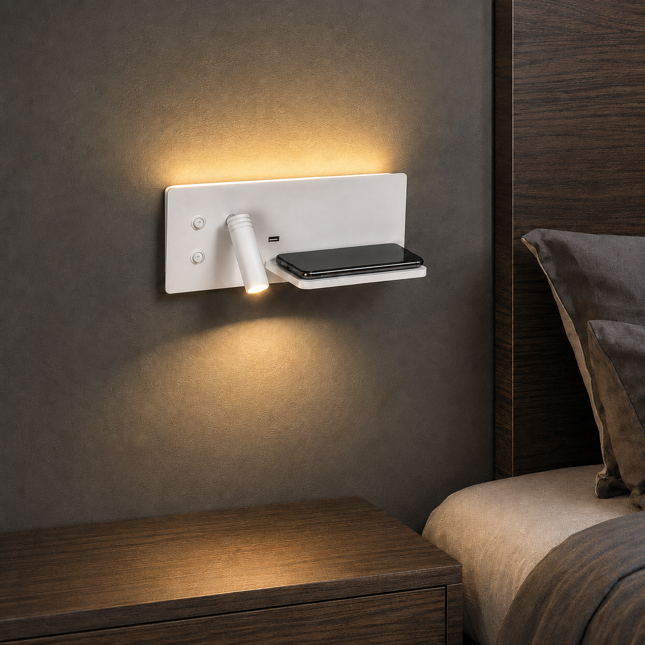 Quilla Veil Bedside Wall Sconce with Wireless Charging in a brighter premium lifestyle interior