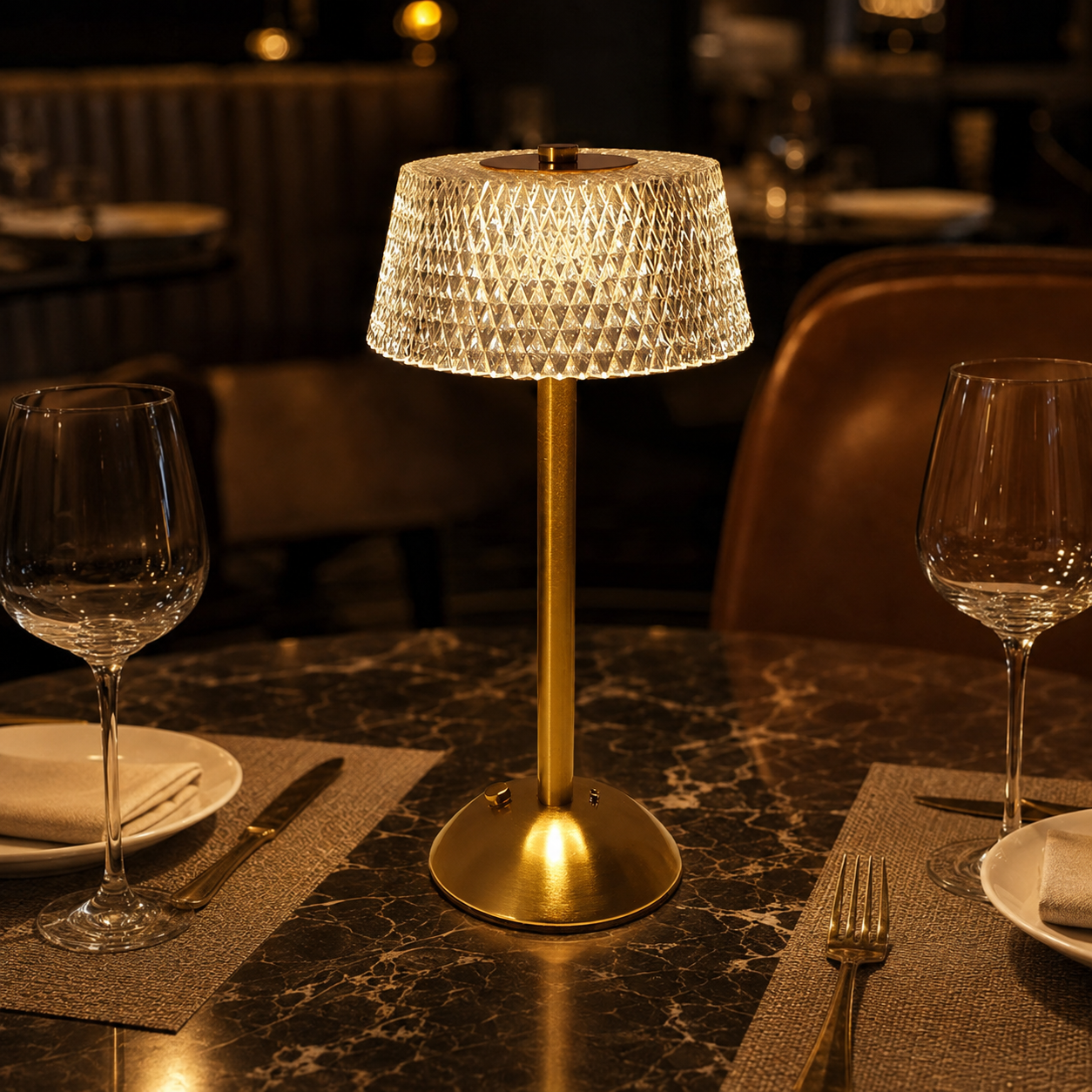 Thalia Column crystal cordless table lamp in a premium restaurant